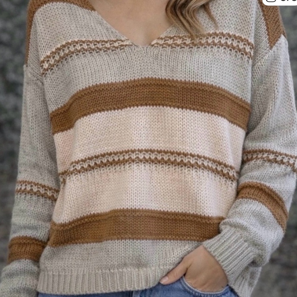 BiBi Striped V Neck Sweater Women M Cream Tan Boho Knit Pullover